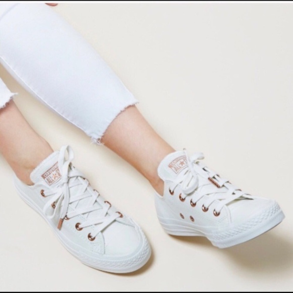 Rose gold accented White Leather converse